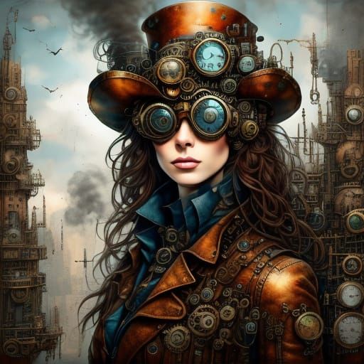 Steampunk Woman on Automaton in Detailed 3D Render
