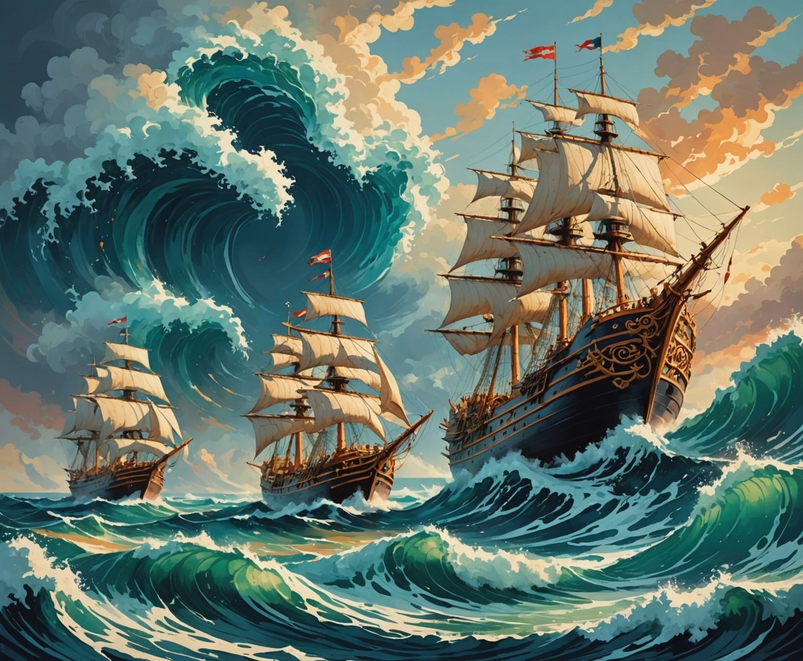 Ancient Sea God Commands Ships in Stormy Vector Art