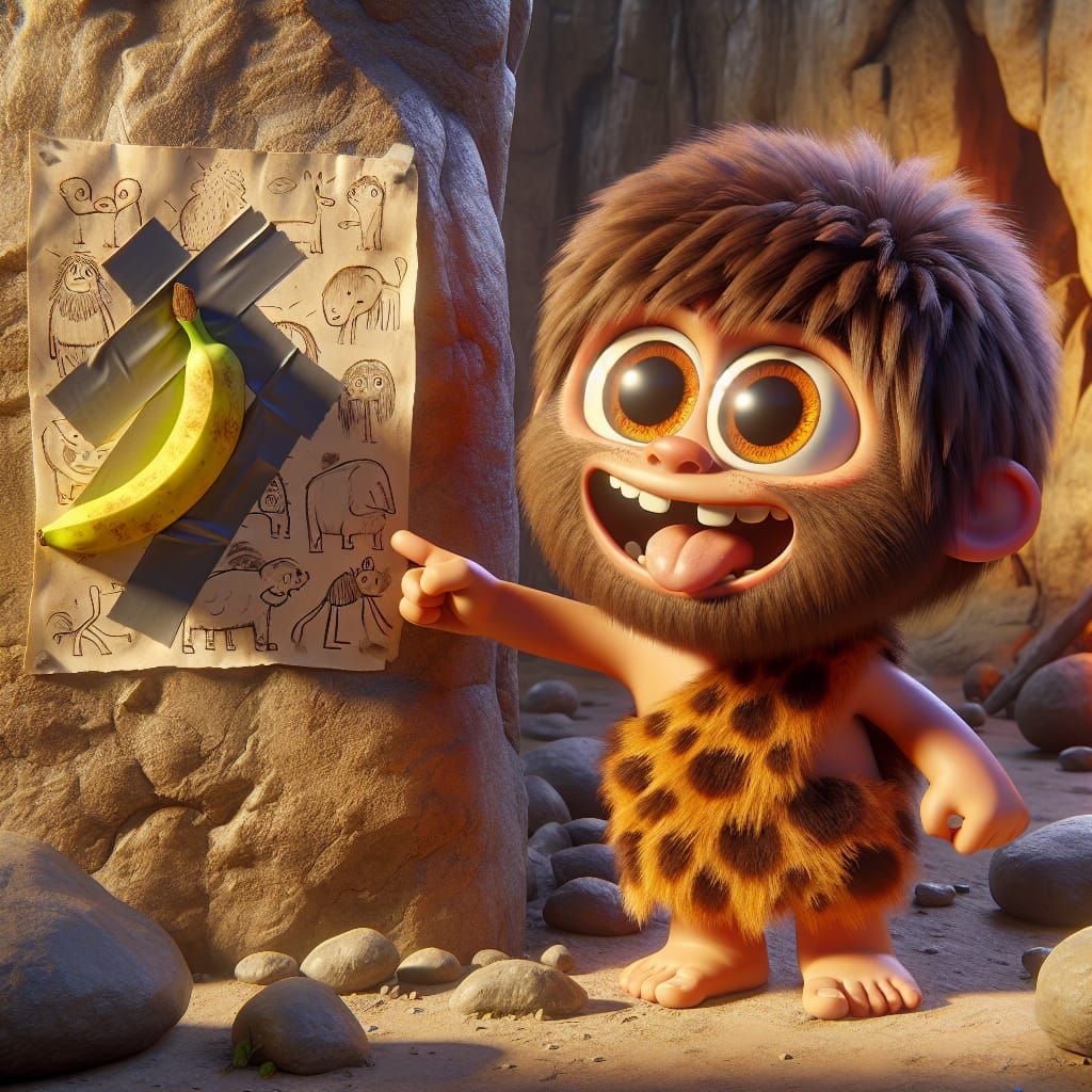 Playful Caveman Discovers Taped Banana in Cave