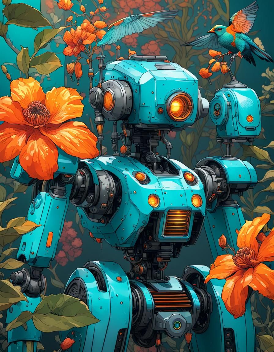 Botanical Robot with Bird and Flowers in Ink