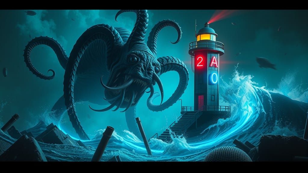Tentacled Beast Destroys Lighthouse in Alien Sea