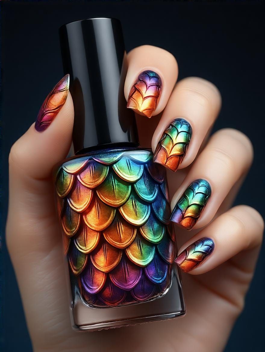 Shimmering Dragon Scale Nail Polish in Vibrant Digital Art