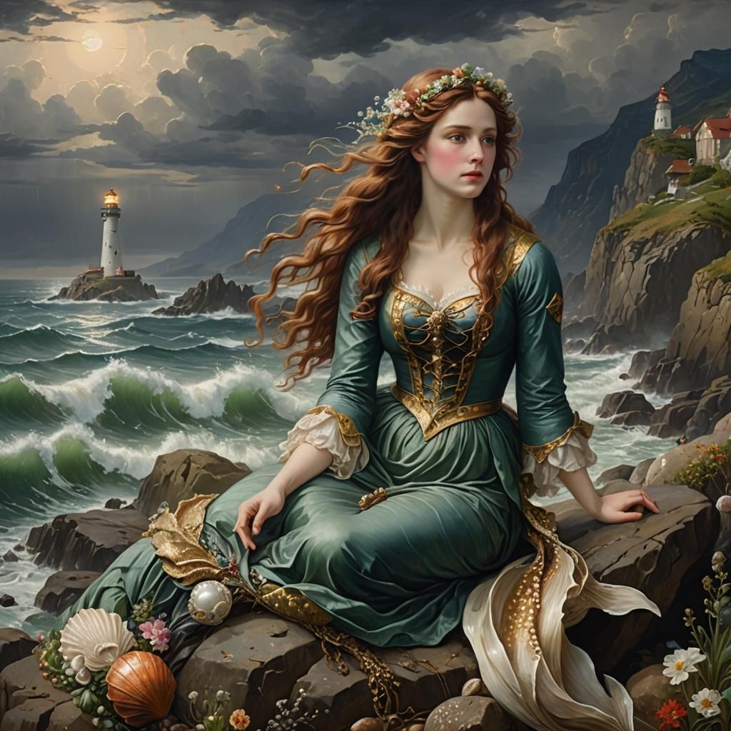 Pre-Raphaelite Mermaid in Stormy Seaside Portrait