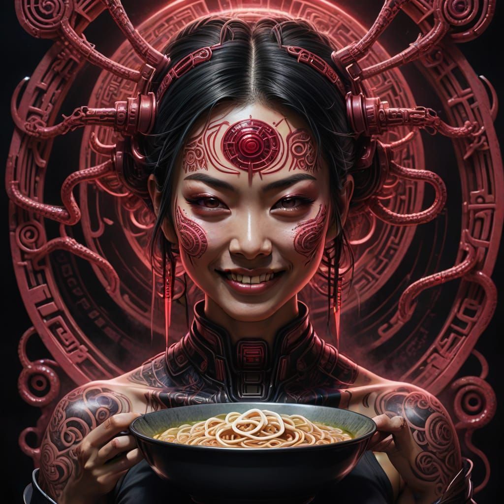 Surreal Japanese Ramen Goddess in Futuristic Biomechanical S...