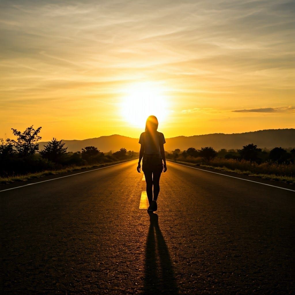 Silhouette of Woman Walking on Endless Road at Sunset