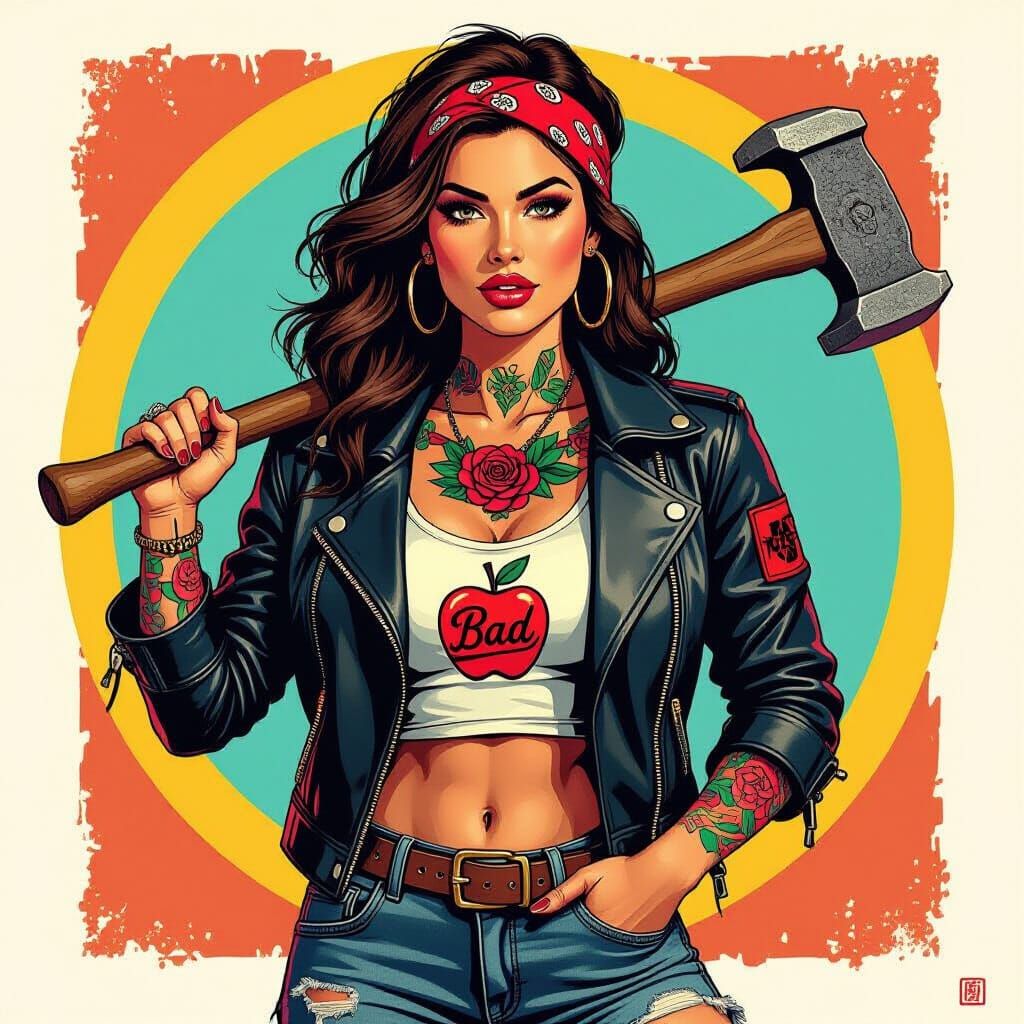 Sultry Woman with Sledgehammer in Pop Art Style