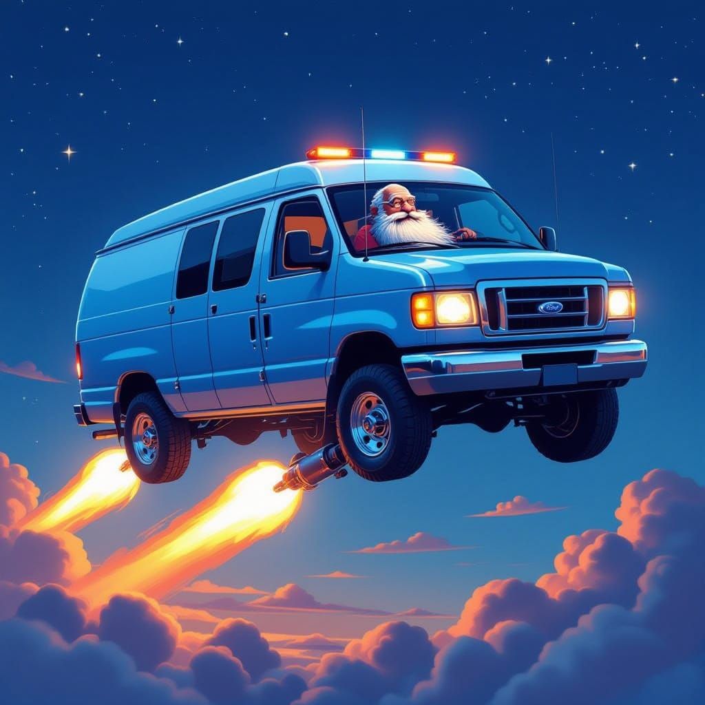 Flying Rocket Van Soars Through Evening Sky