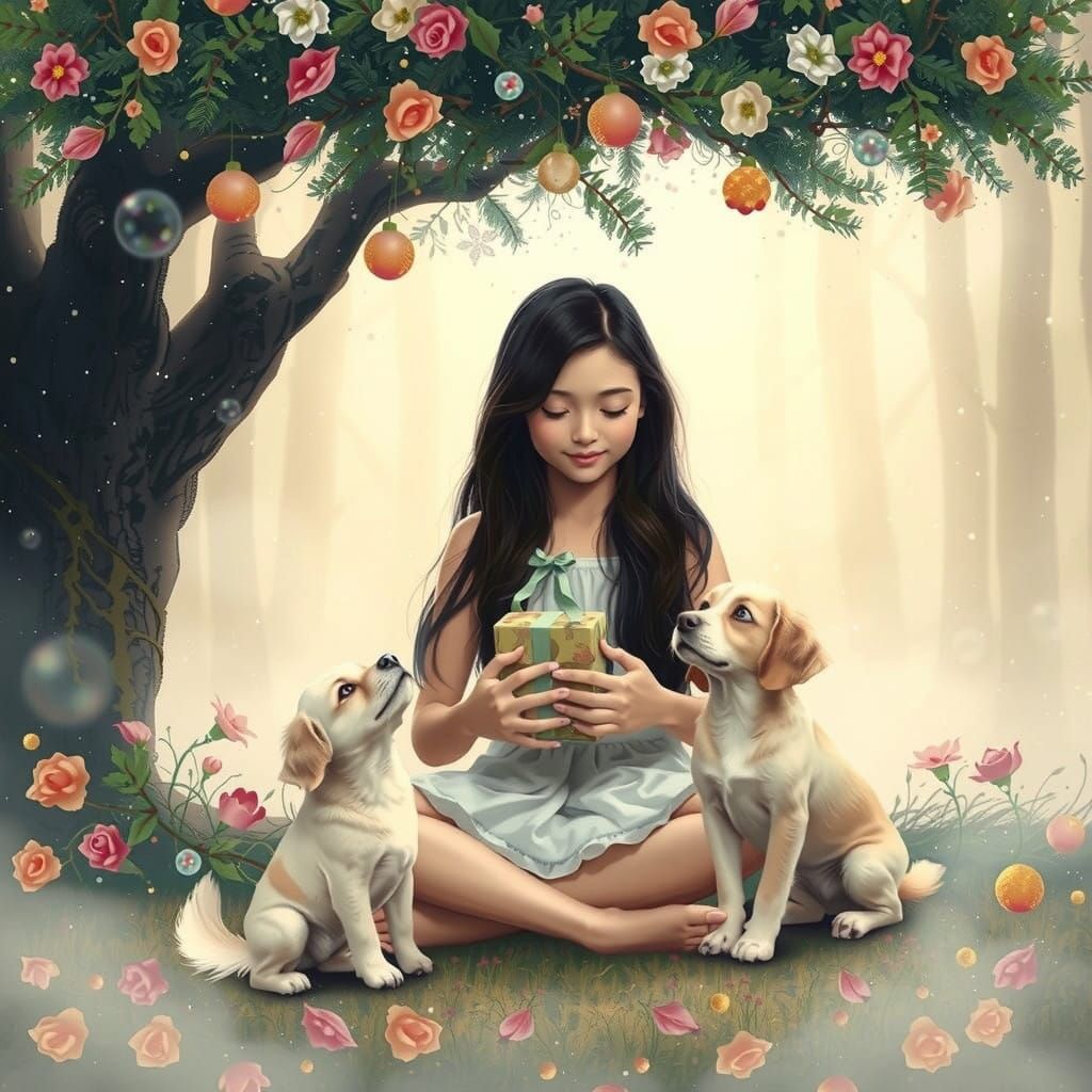 Dreamy Filipina Girl Under Snowy Christmas Tree in Whimsical...