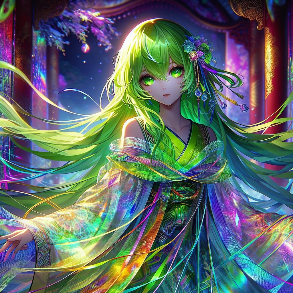 Anime Girl in Iridescent Rainbow Silk Gown