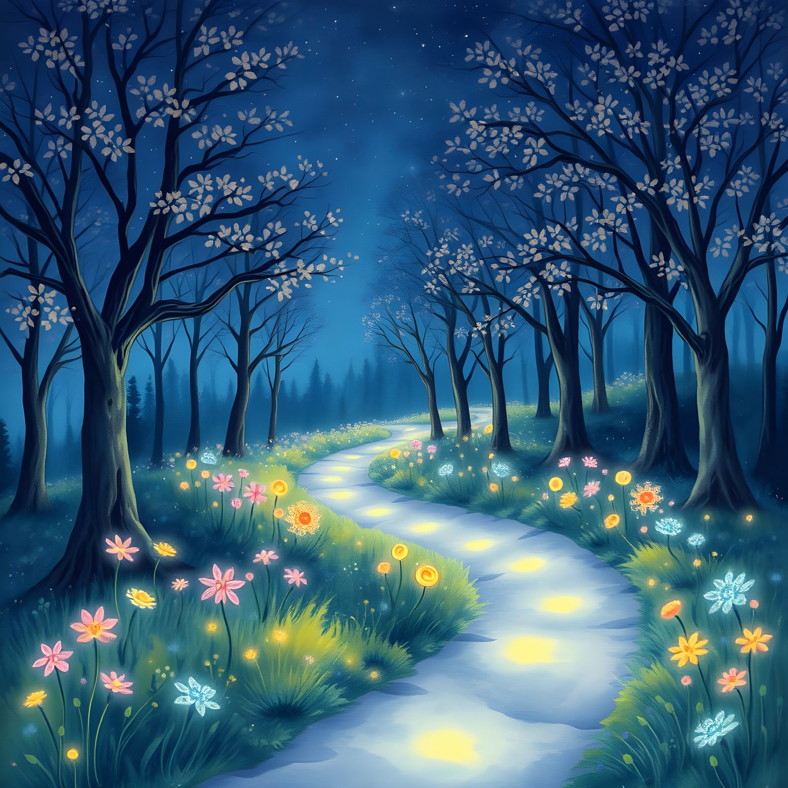 Enchanted Forest Pathway under Starry Sky: Ghibli Style