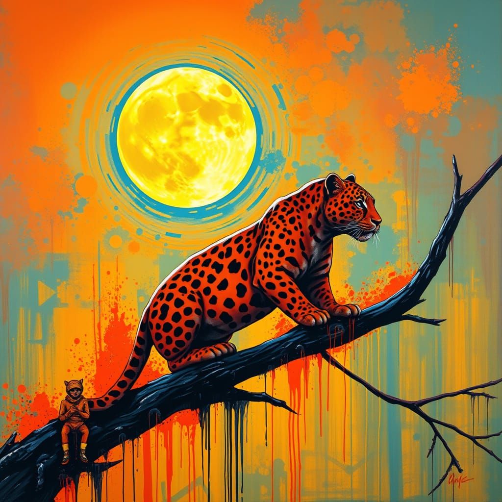 Jaguar Silhouette Under Moon in Graffiti Art Style