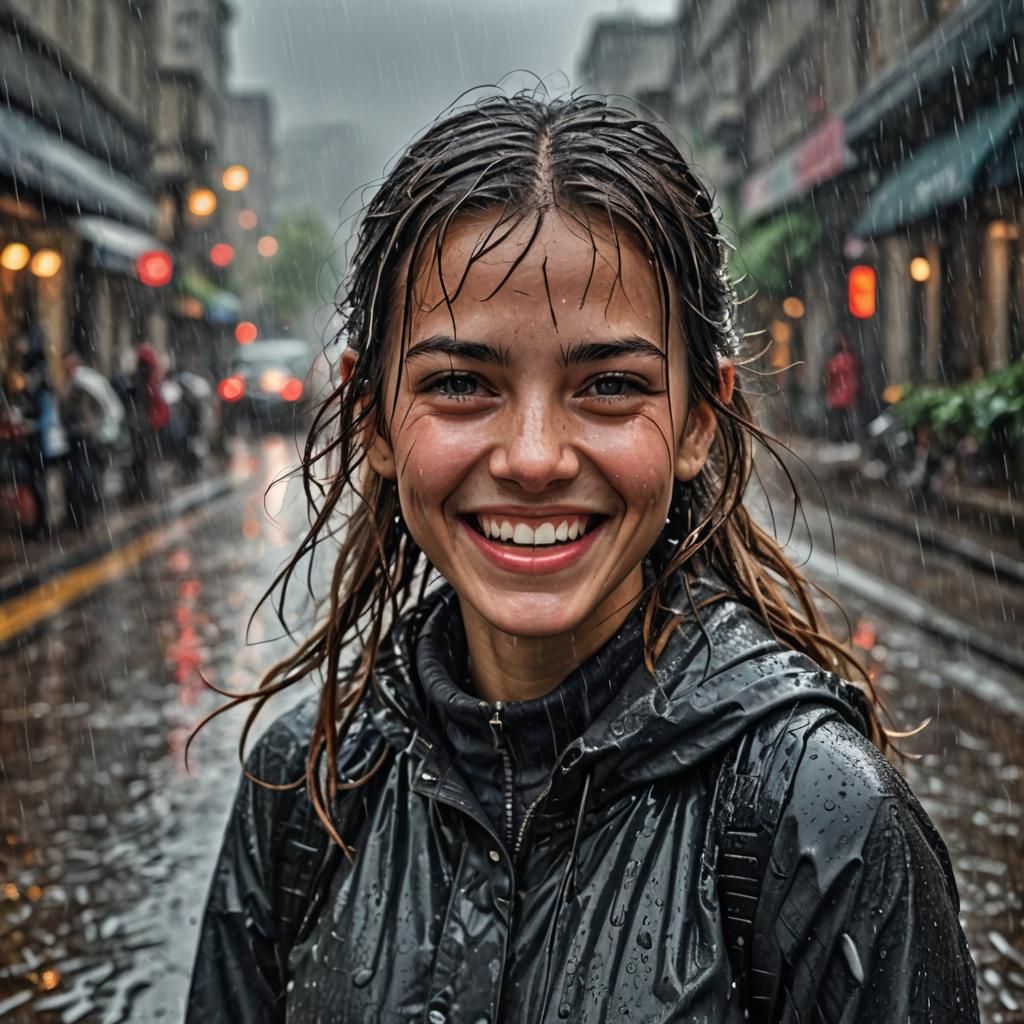 Girl Smiling and Soaked in Rainy Weather