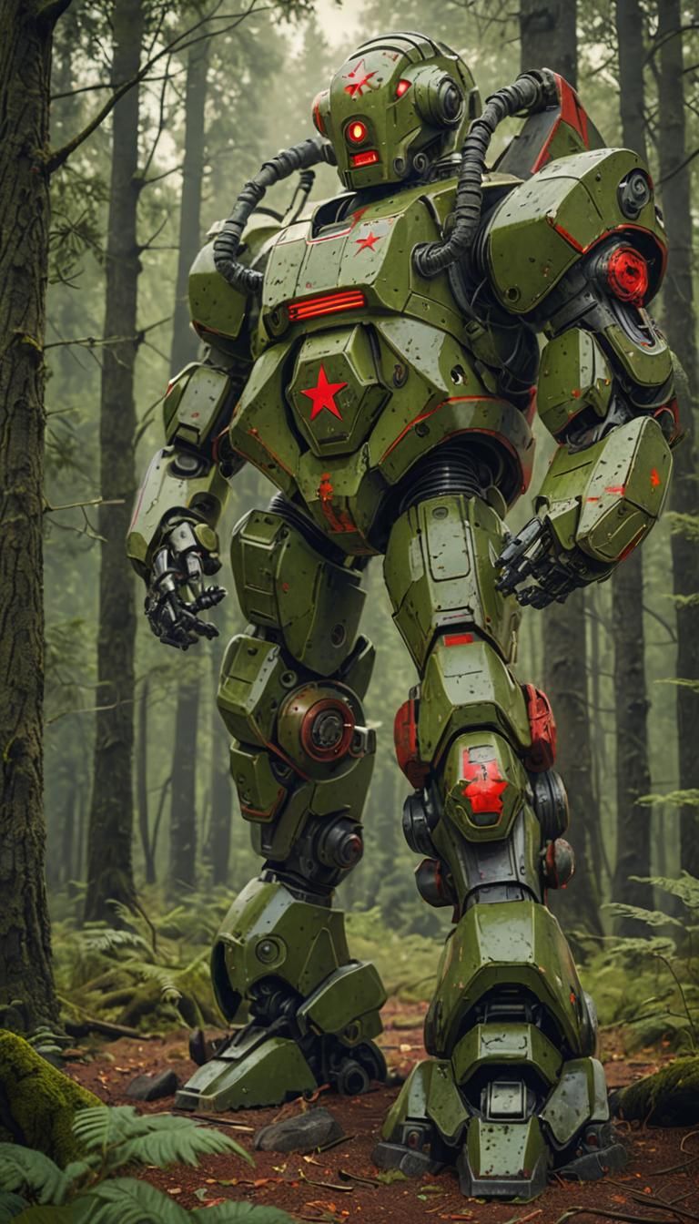 1980s Soviet War Robot in Forest, Matte Painting
