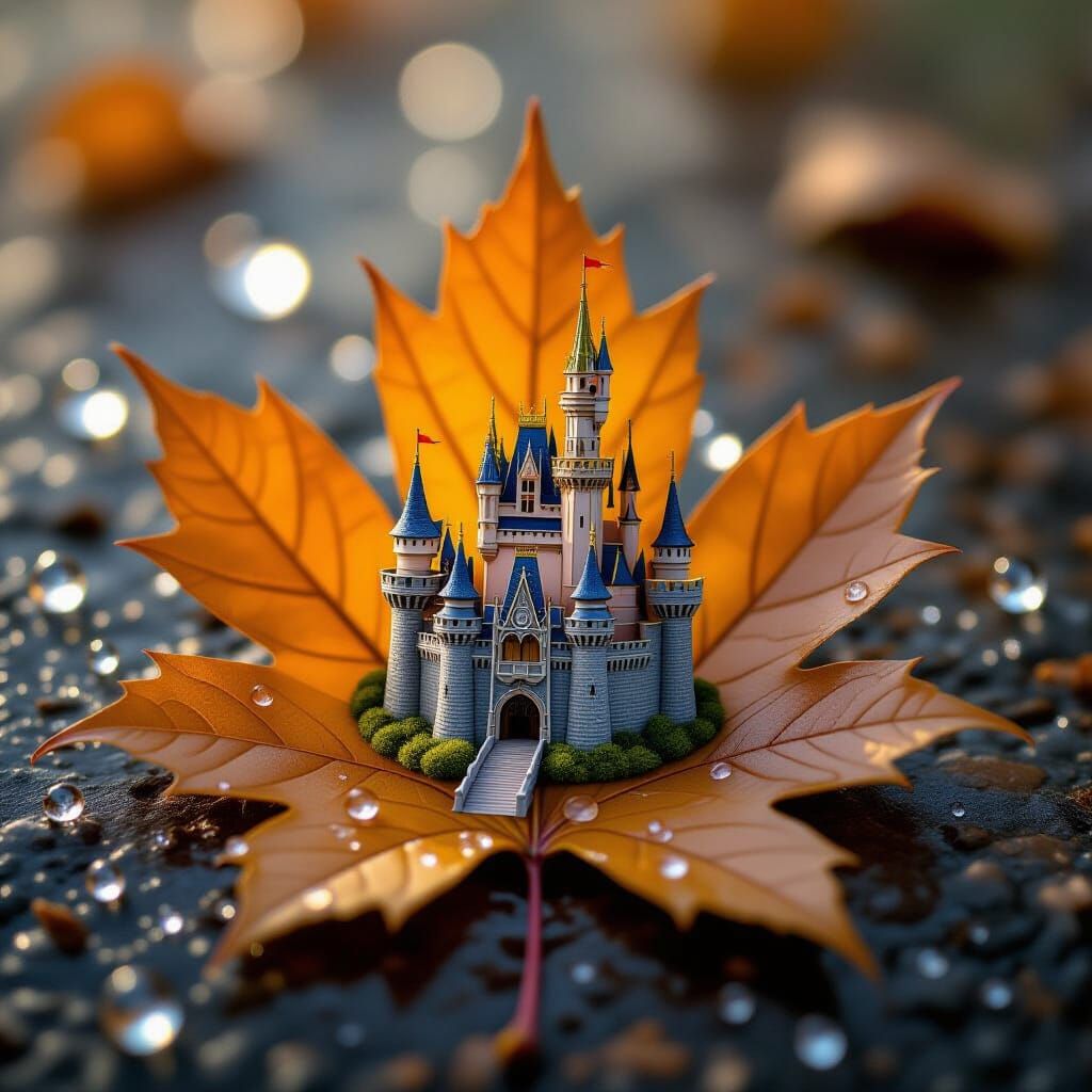 Giant Autumn Leaf Becomes Canvas for Tiny Medieval Castle