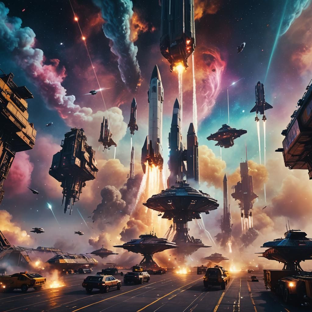 Spaceport Starships Fueled by Nebula Gases: Cinematic Still