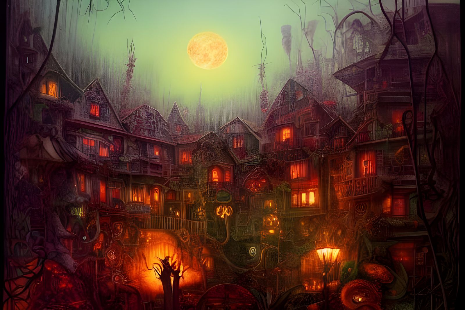 Eldritch Jungle Village: A Hyperrealistic Horror Nightscape