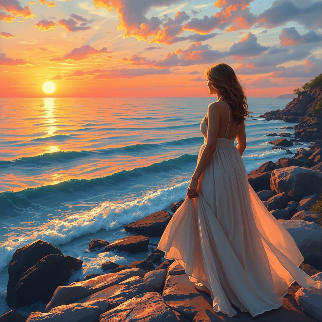 Woman Gazing at Sunset in Impressionistic Style