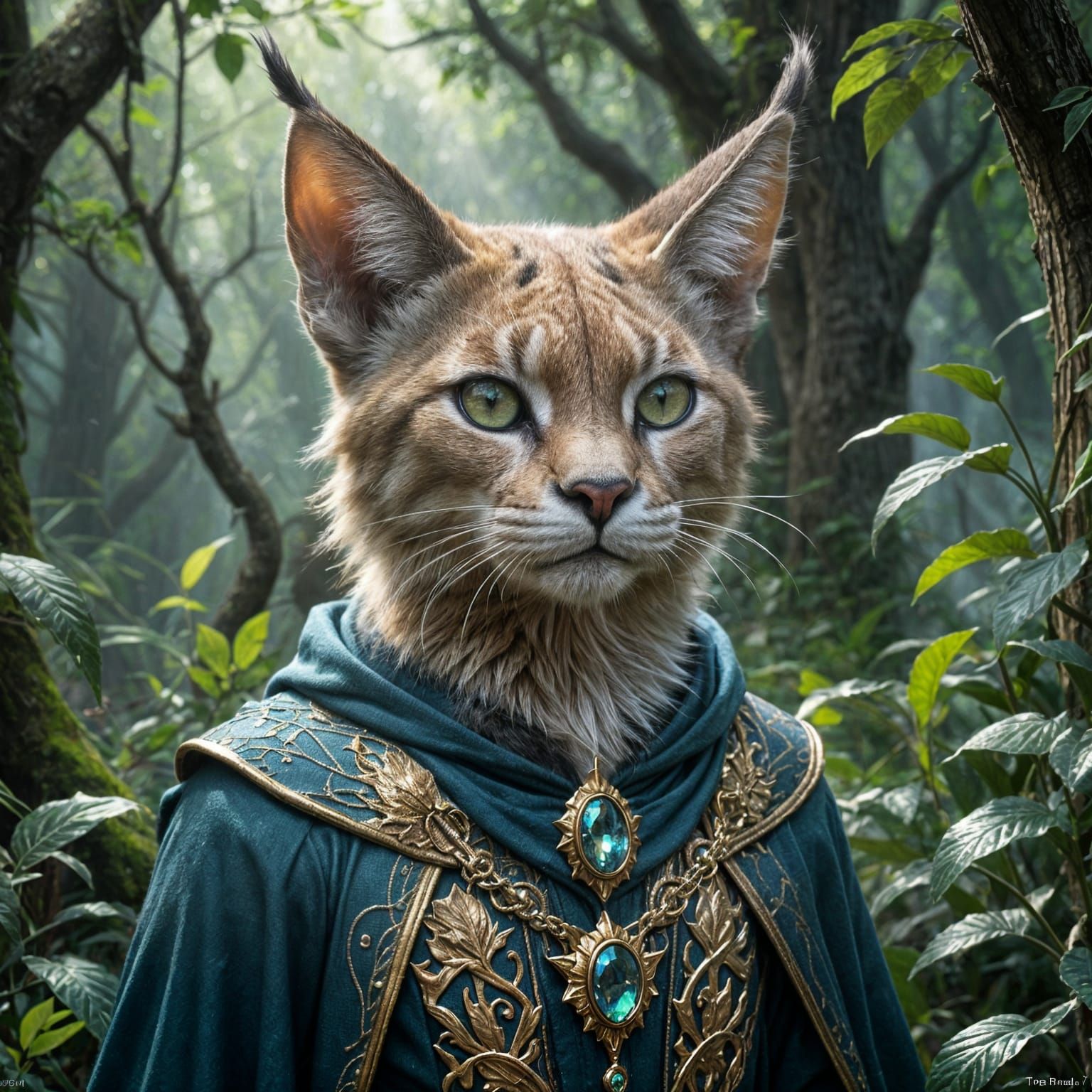Silver Caracal Wizard in Woodland Cottagecore Style