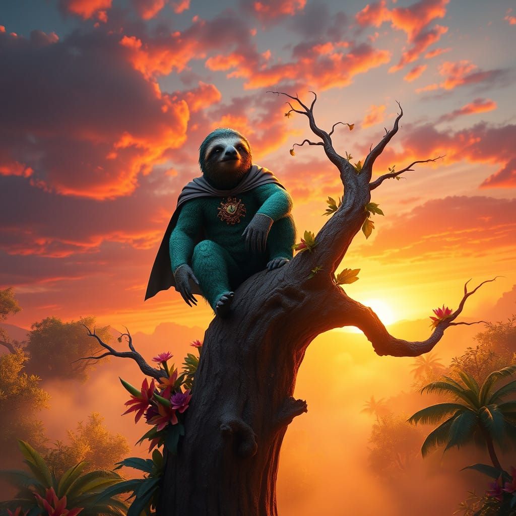 Majestic Emerald Sloth Hero on Ancient Tree