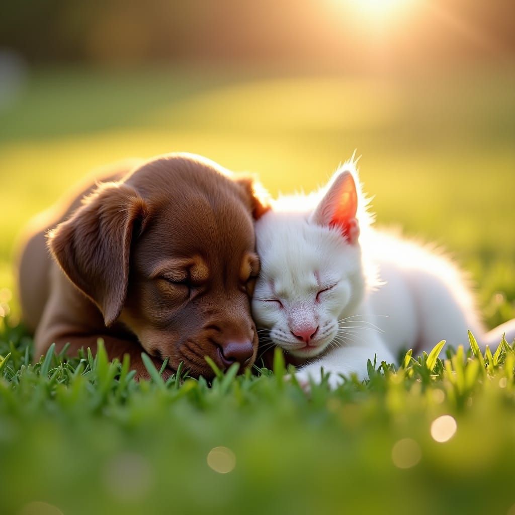Labrador Puppy and Kitten Cuddling in Sunlight