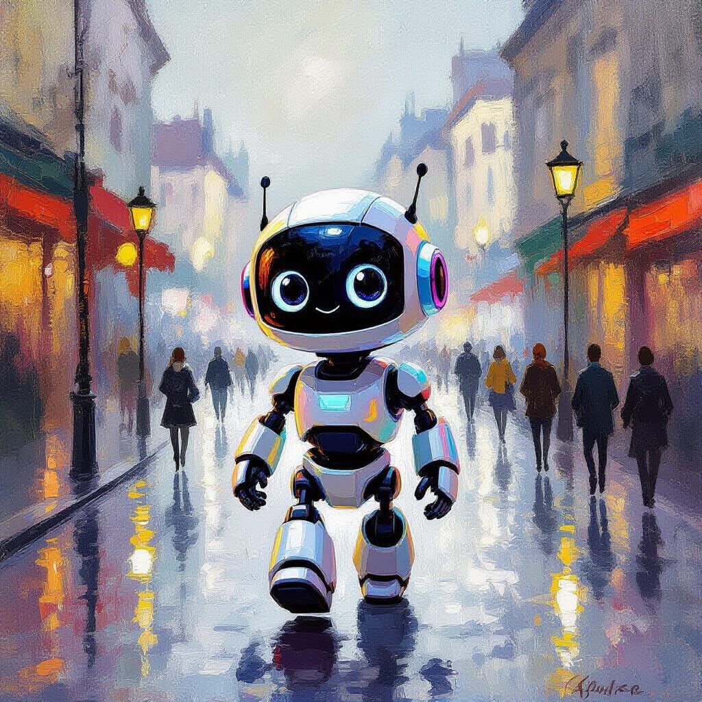 Cute Robot Explores Vibrant City in Impressionist Style
