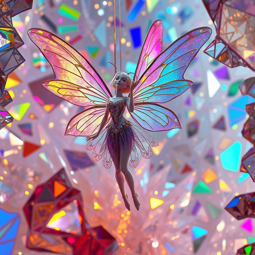Whimsical Fairy in a Kaleidoscopic Stained Glass Realm