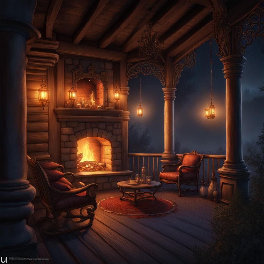 Night Porch with Fireplace: Detailed Color Pencil Art