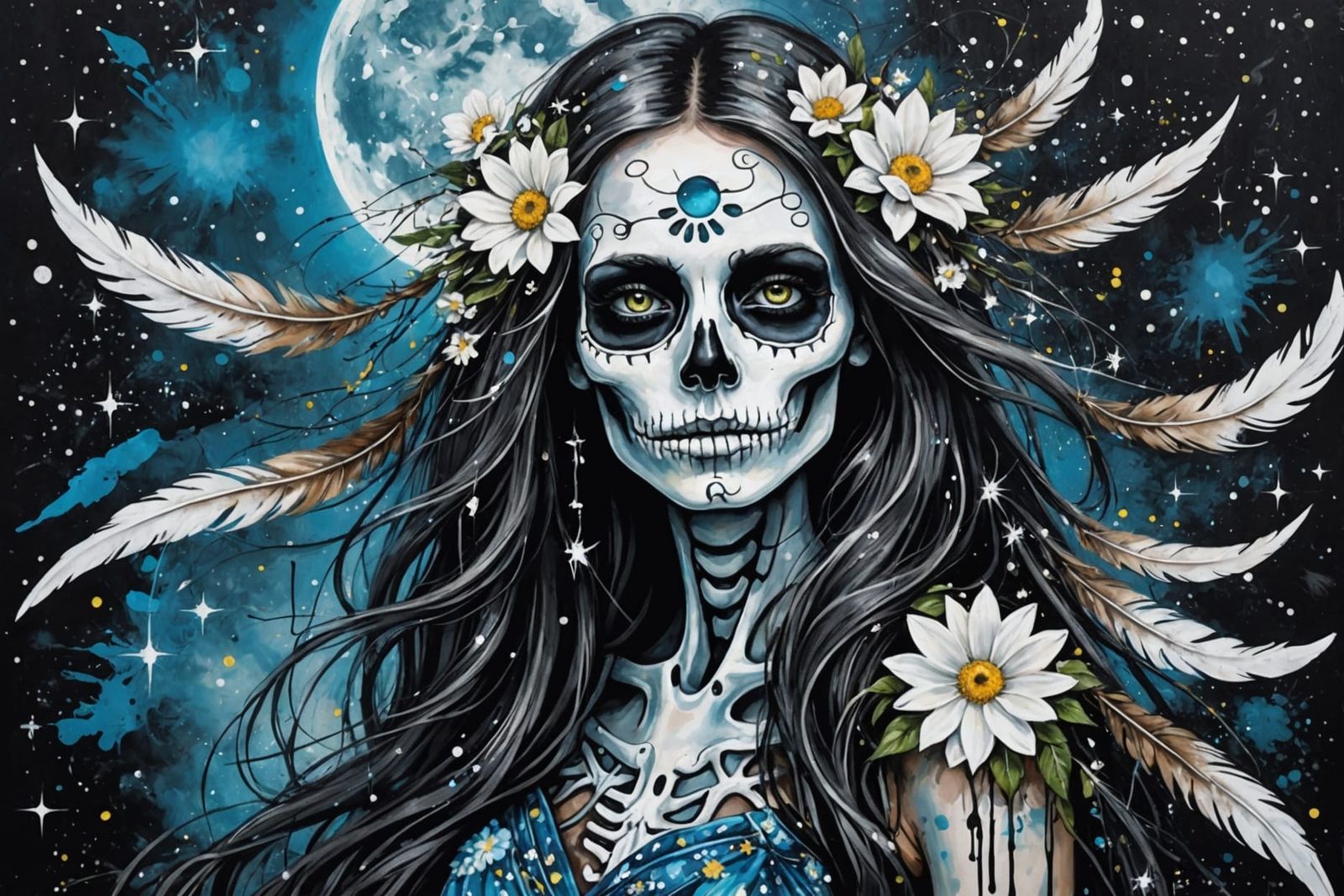 Skeleton Woman with Flowers, Graffiti Art Style