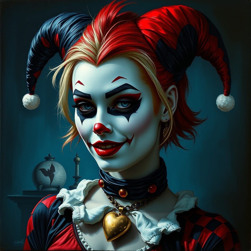 Harley Quinn Oil Portrait in Gothic Romantic Style