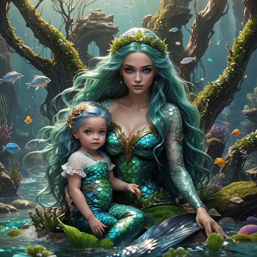 Magical Mermaid Family Portrait in Fantasy Concept Art