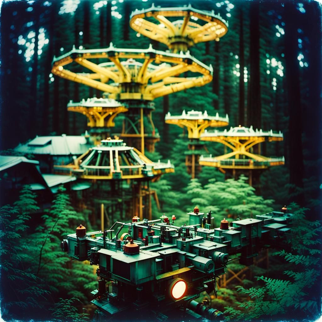 Cybernetic Mechs in Dark Forest: 90's Style Photo