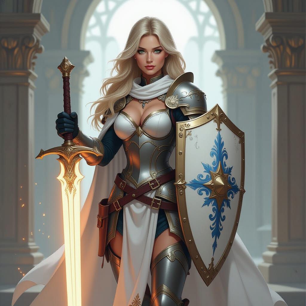 D&D Female Paladin in Plate Armor with Radiant Sword