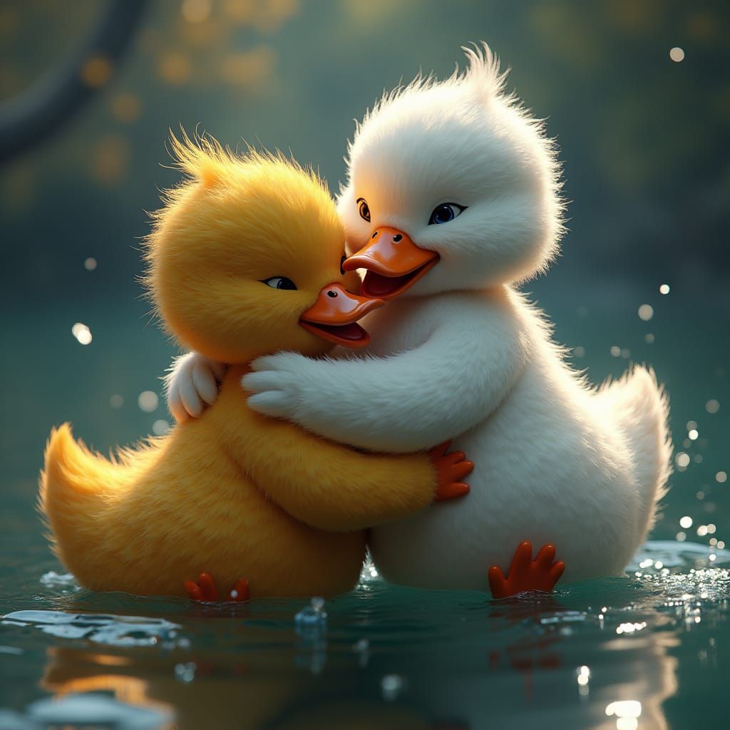 Heartwarming Duck Hug: Detailed Fantasy Art