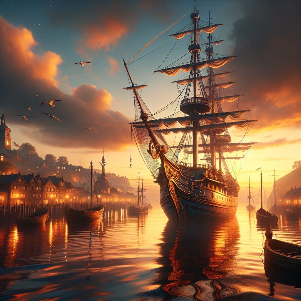 Romantic Maritime Sunset in a Fantastical Harbor Scene