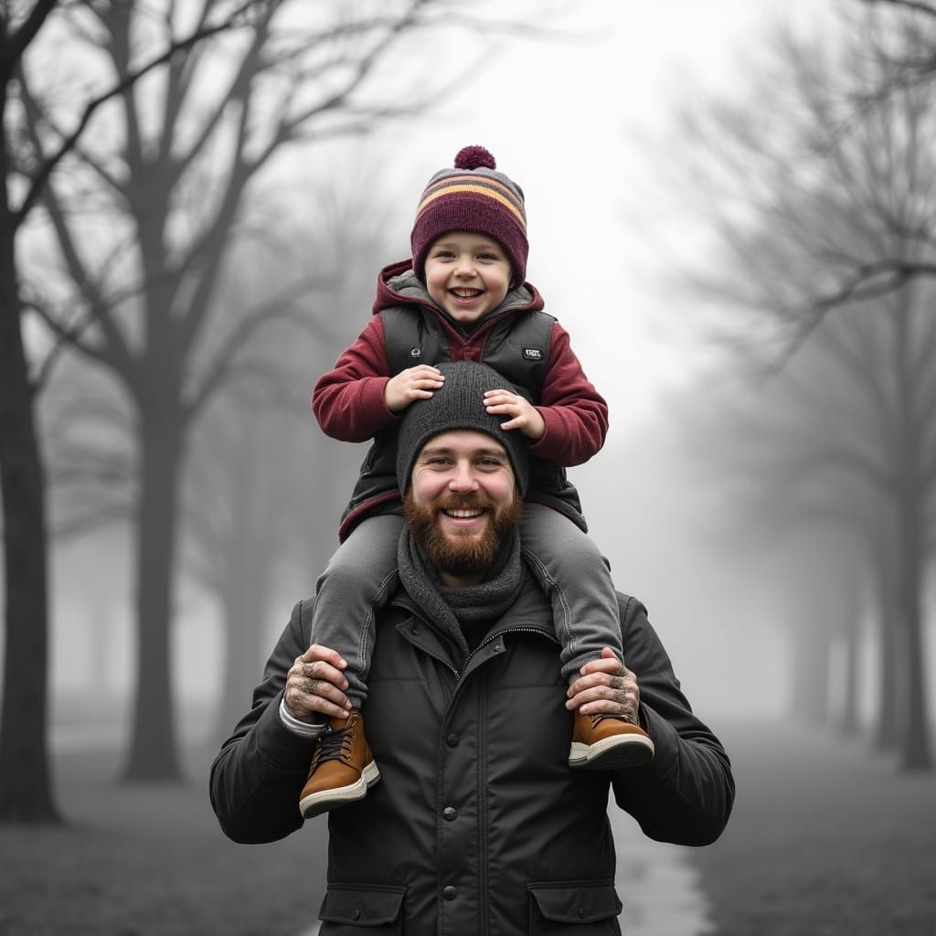 Father and Child Joyful Walk in Winter Park