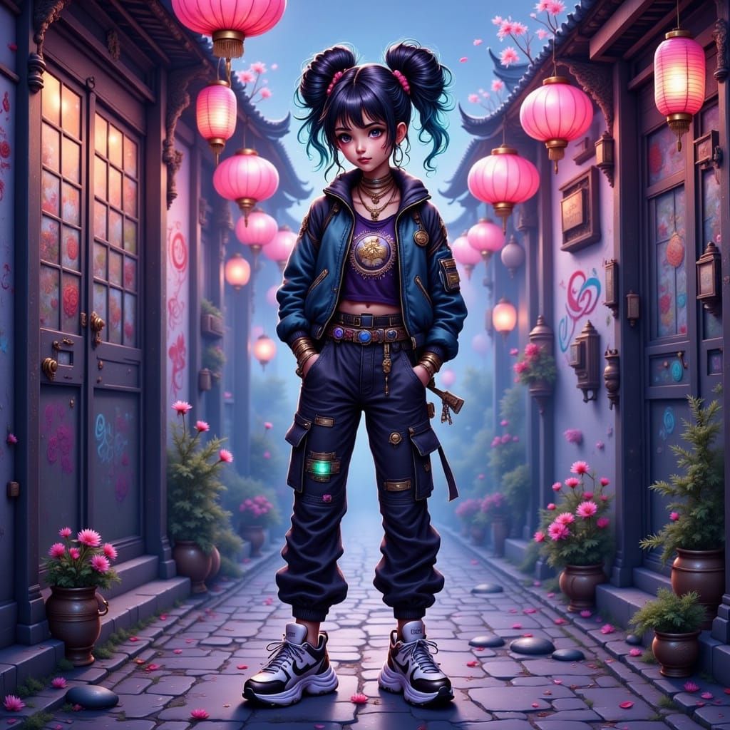 A girl standing in a neon-lit alley, wearing sleek modern st...