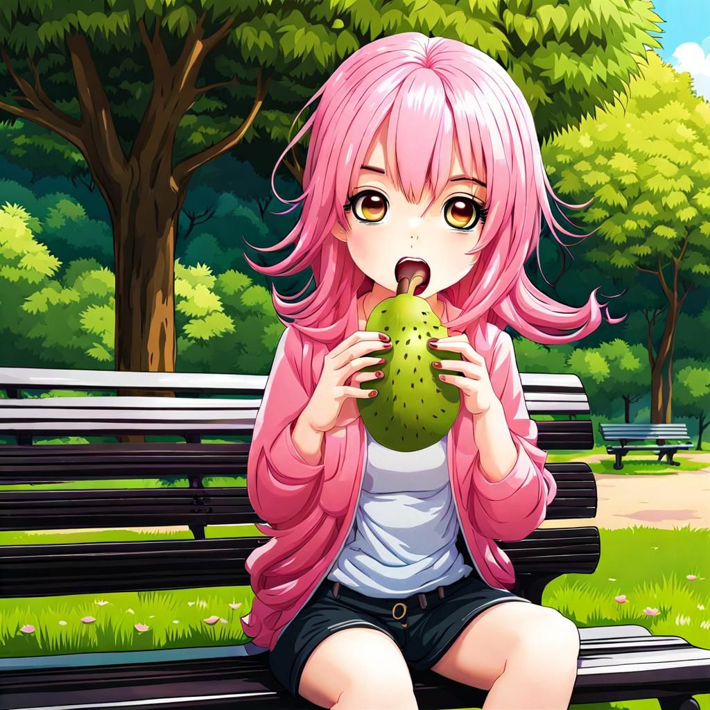 Chibi Anime Girl Eating Kiwi Fruit