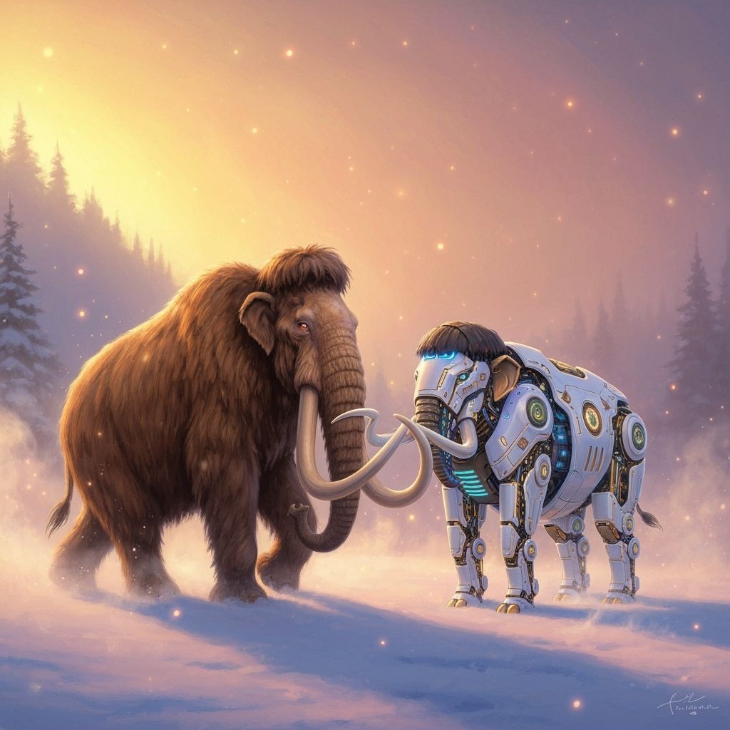 Mammoth Past Meets Future Android in Ethereal Snowy Landscap...