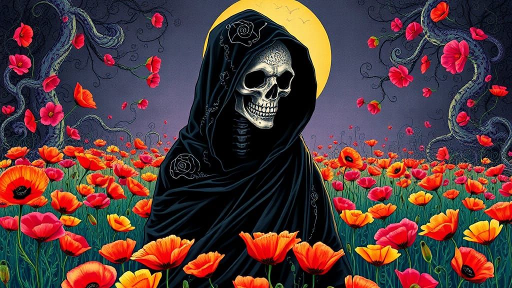 Grim Reaper in Poppies: Psychedelic Funk Art Poster