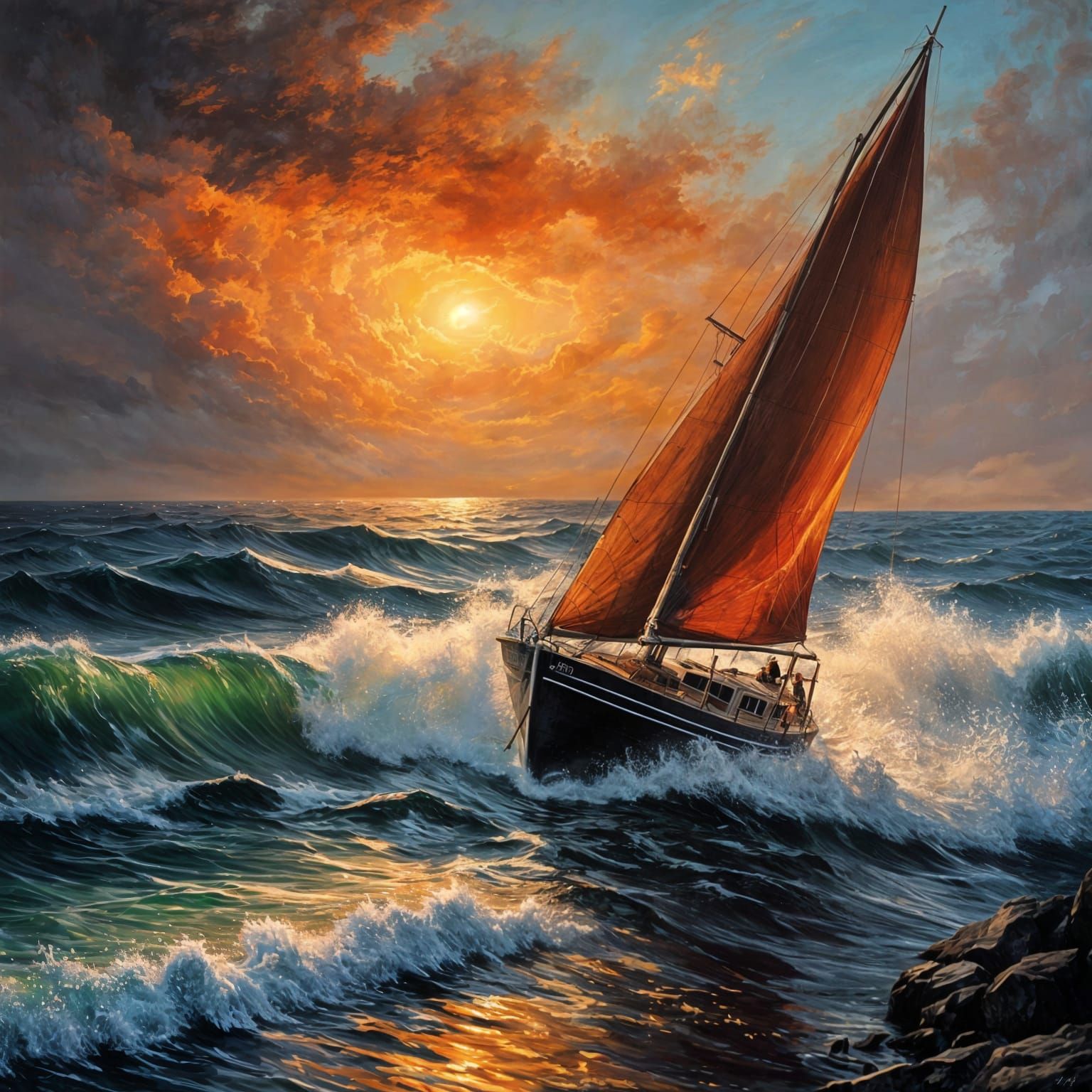 A sailboat sailing  at sunset.