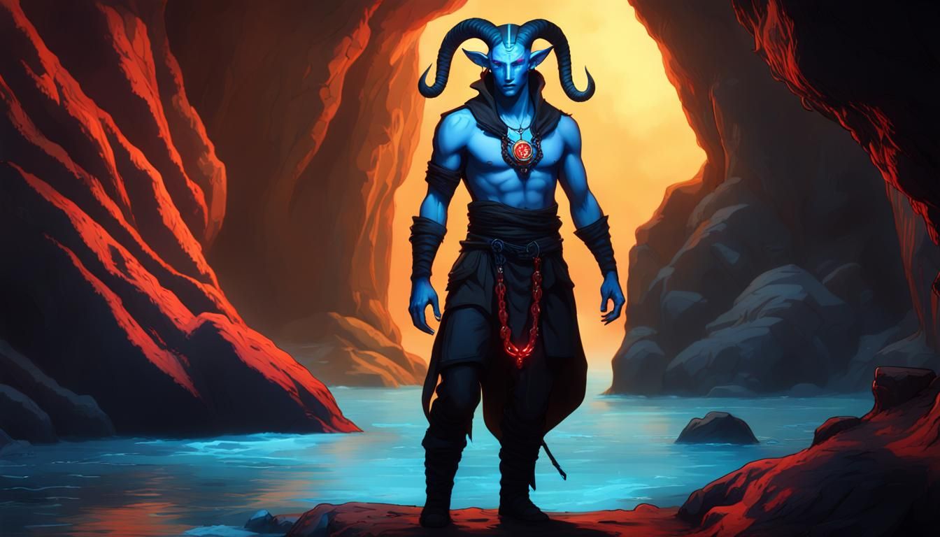 Full body Wide shot of a Photorealistic, hyper realistic tiefling male. He has light blue scaly skin and yellow eyes. He...