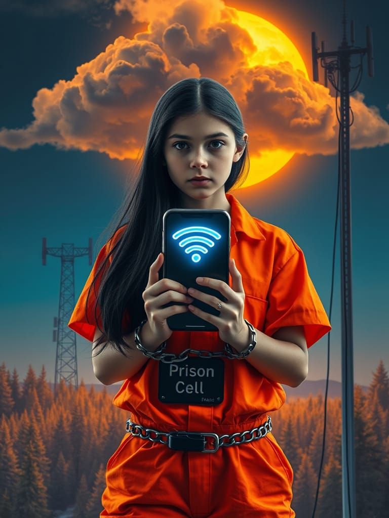 Girl in Prison Cell, Shackled with iPhone, Under Dark Clouds