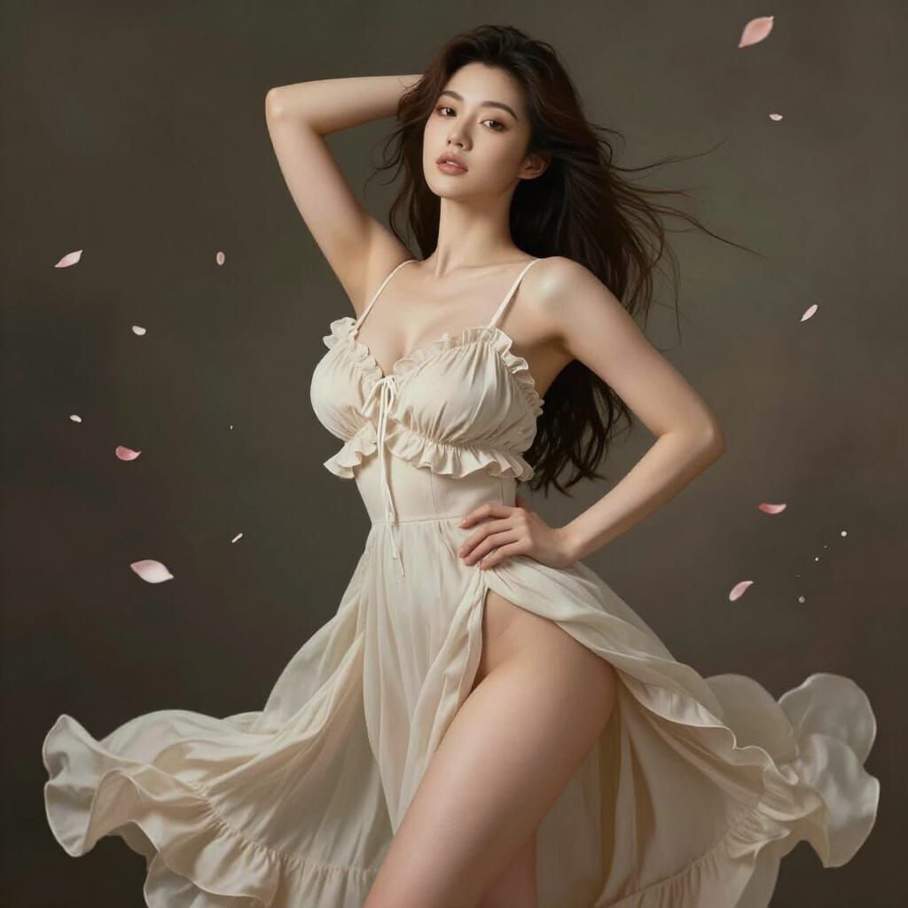 Romantic Pre-Raphaelite Woman Surrounded by Flower Petals