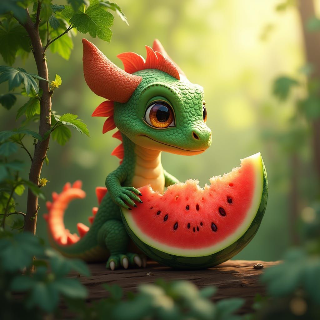 Hyper-Realistic Baby Dragon Admires Juicy Watermelon