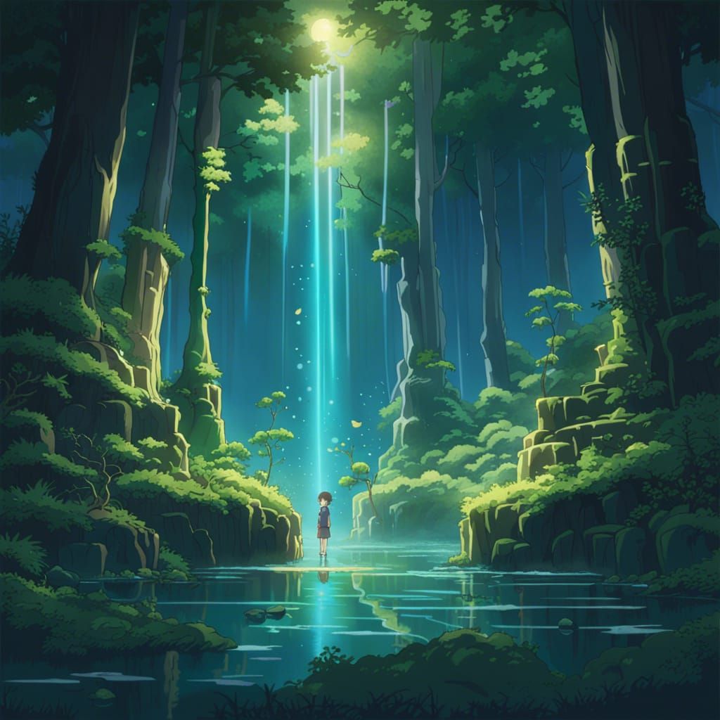 Luminous Spirits in Enchanted Forest, Anime Style