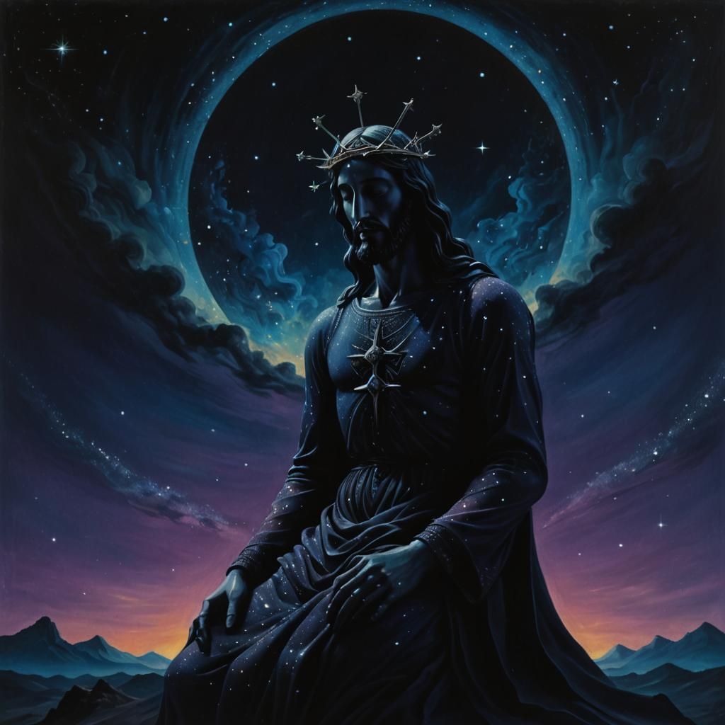 Surreal Christ Figure in Starry Night Sky