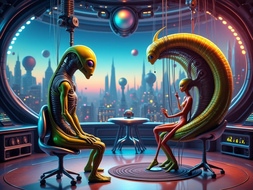 Whimsical Alien Newscaster in a Bizarre Sci-Fi Setting