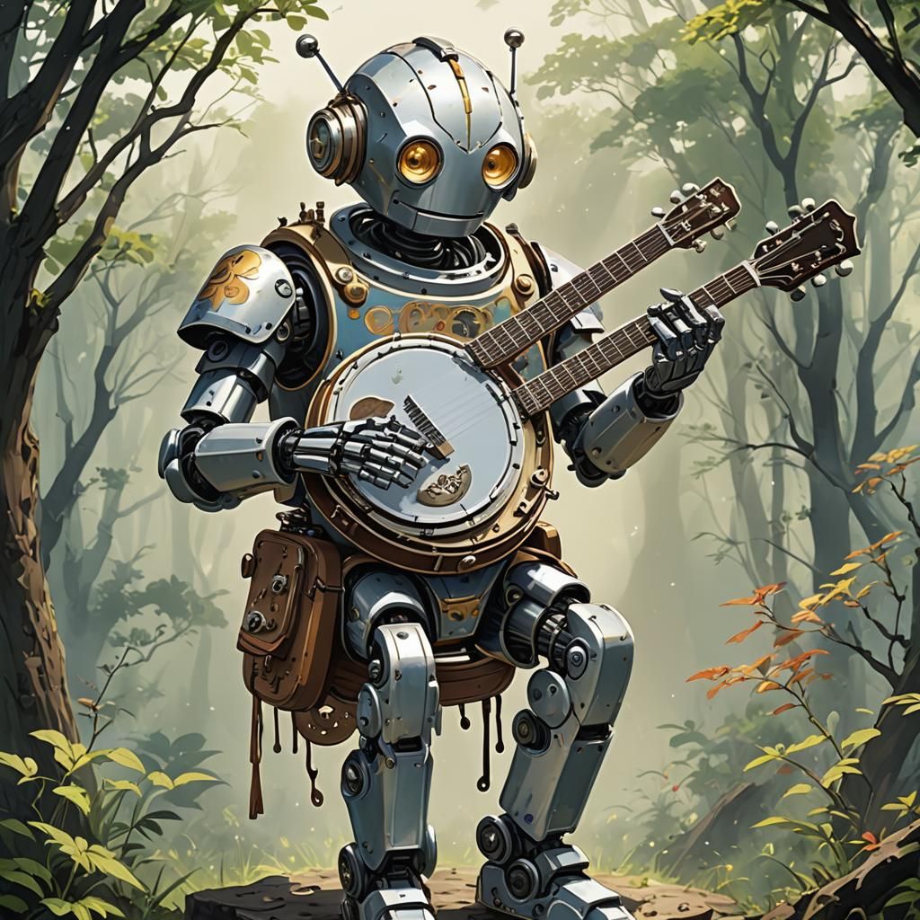 Robot Plays Banjo in Anime Style