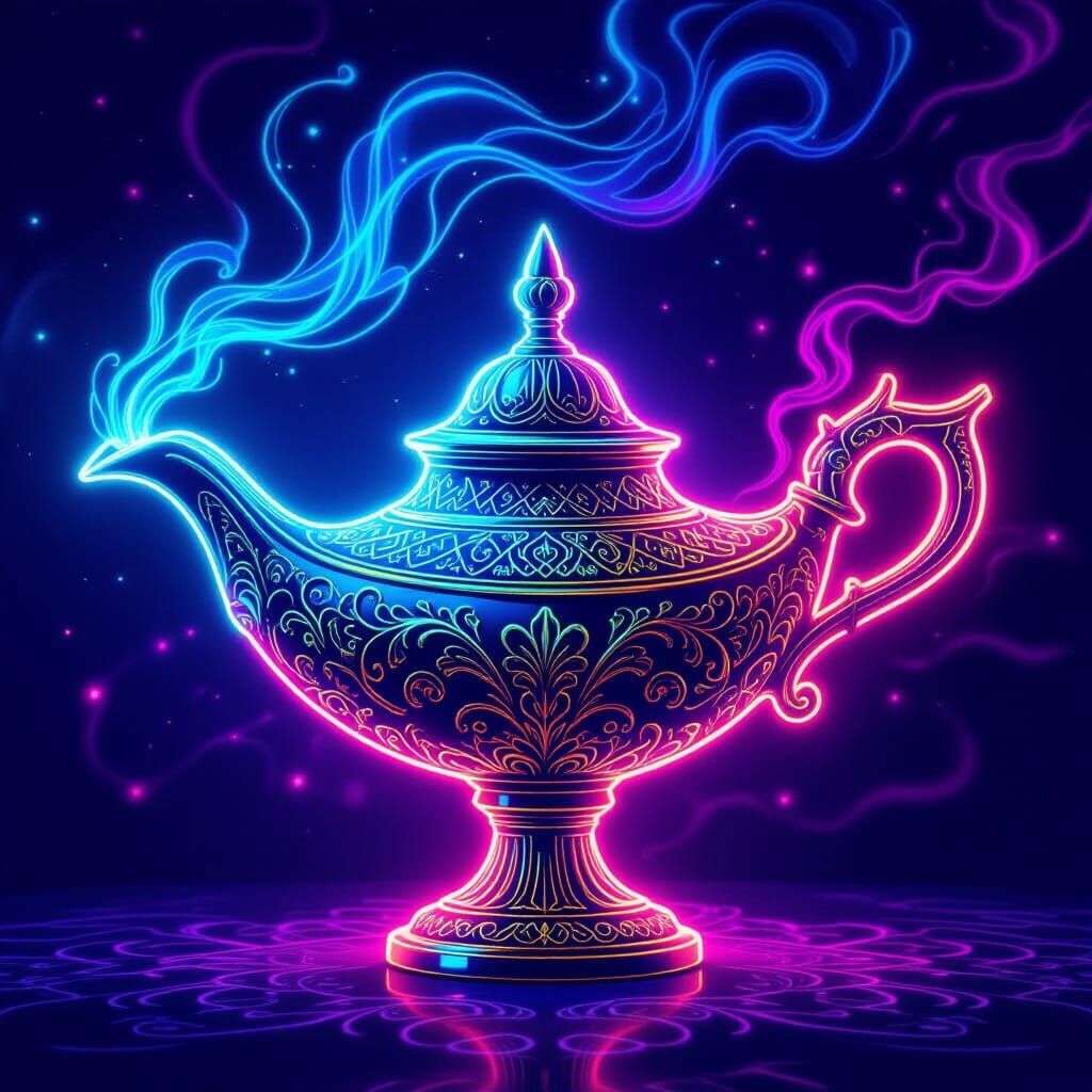 Glowing Neon Aladdin's Lamp with Cosmic Purple Background