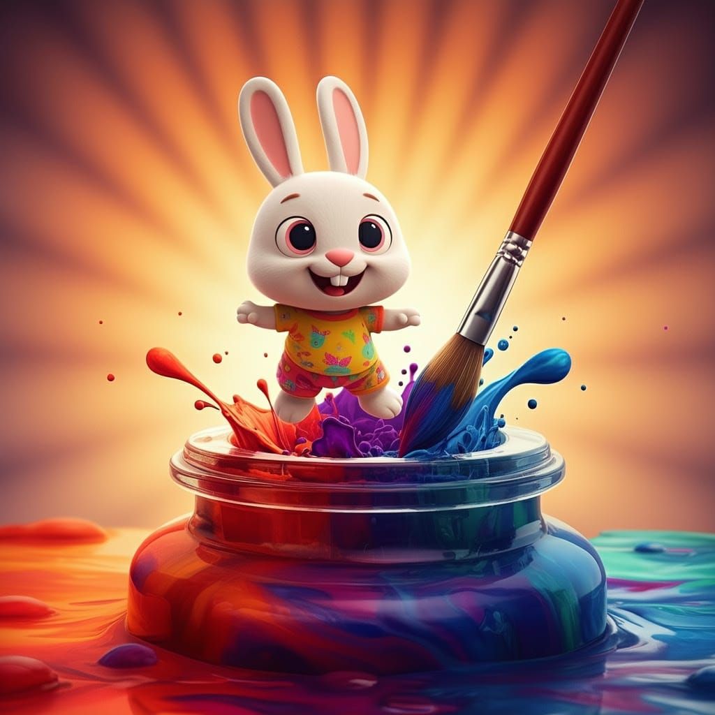 Colorful Cartoon Rabbit Splashes into Swirled Inkwell